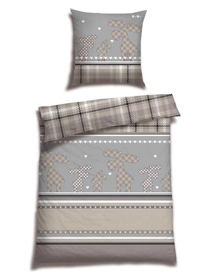 Schiesser Komplet pościeli flanelowej "Salous" w kolorze beżowo-szarym rozmiar: 135x200 cm
