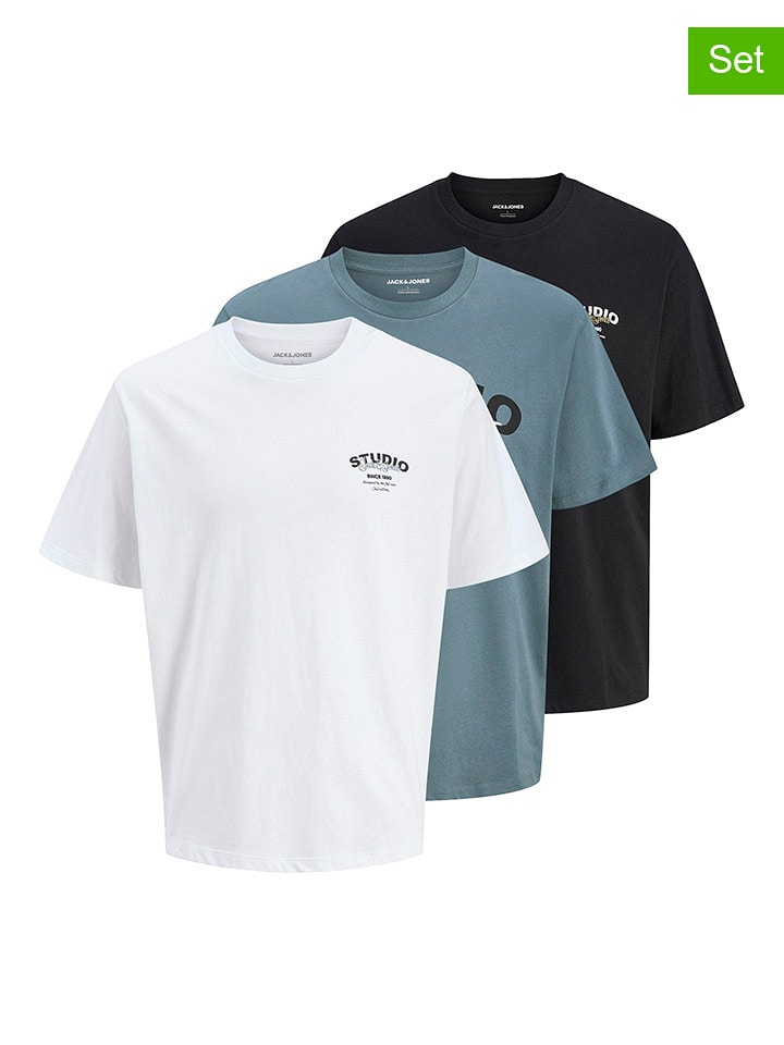 Jack & Jones Koszulki (3 szt.) "Yuki" w kolorze czarnym, niebieskim i białym rozmiar: XL