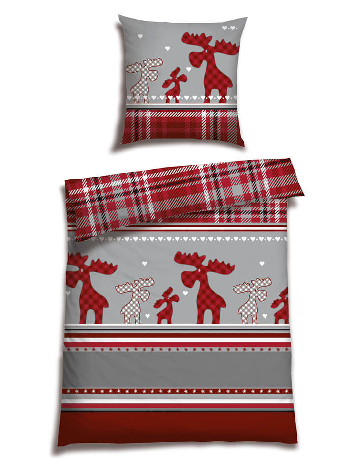 Schiesser Komplet pościeli flanelowej "Salous" w kolorze szaro-czerwonym rozmiar: 135x200 cm