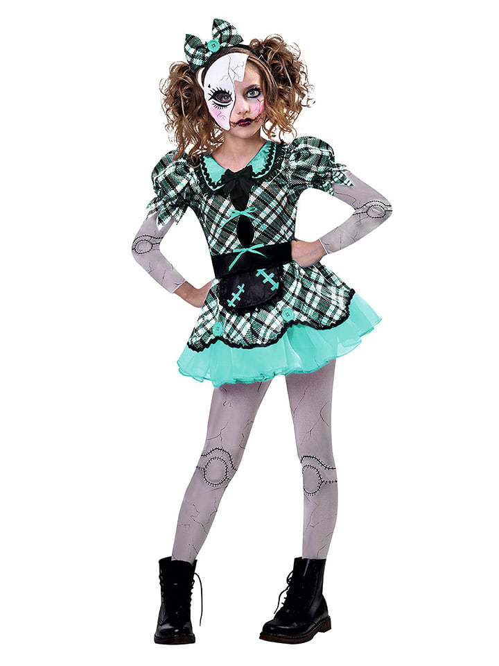 amscan 4-częściowy kostium "Dark Doll" w kolorze szaro-czarno-turkusowym rozmiar: 116-128