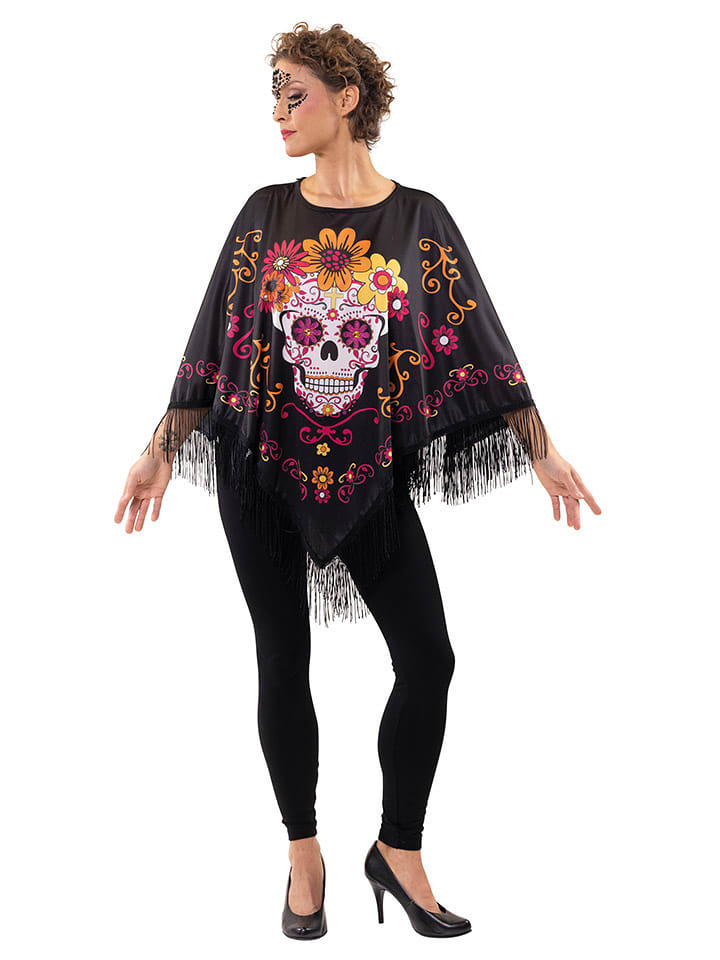 Party x People Ponczo kostiumowe "La Catrina" w kolorze czarnym ze wzorem rozmiar: onesize