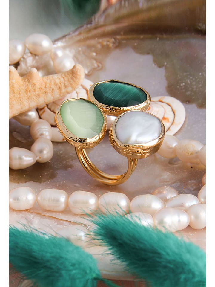 Pierres delicates Pozłacany pierścionek z masą perłową i tygrysim okiem rozmiar: onesize