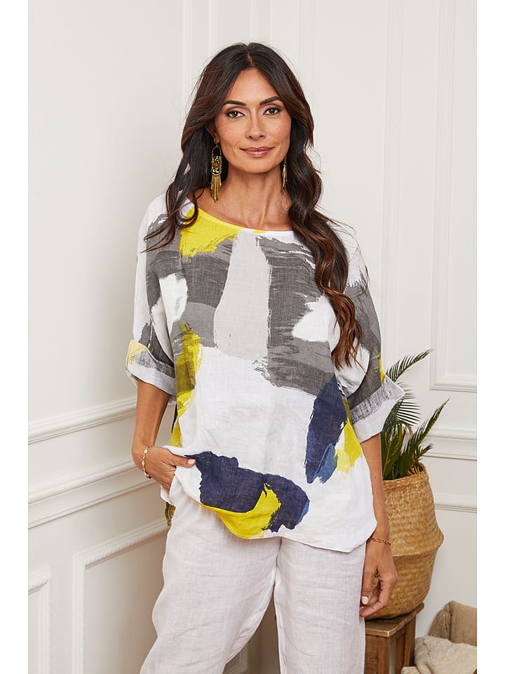 La Compagnie Du Lin Lniana bluzka "Kirk" w kolorze białym ze wzorem rozmiar: S