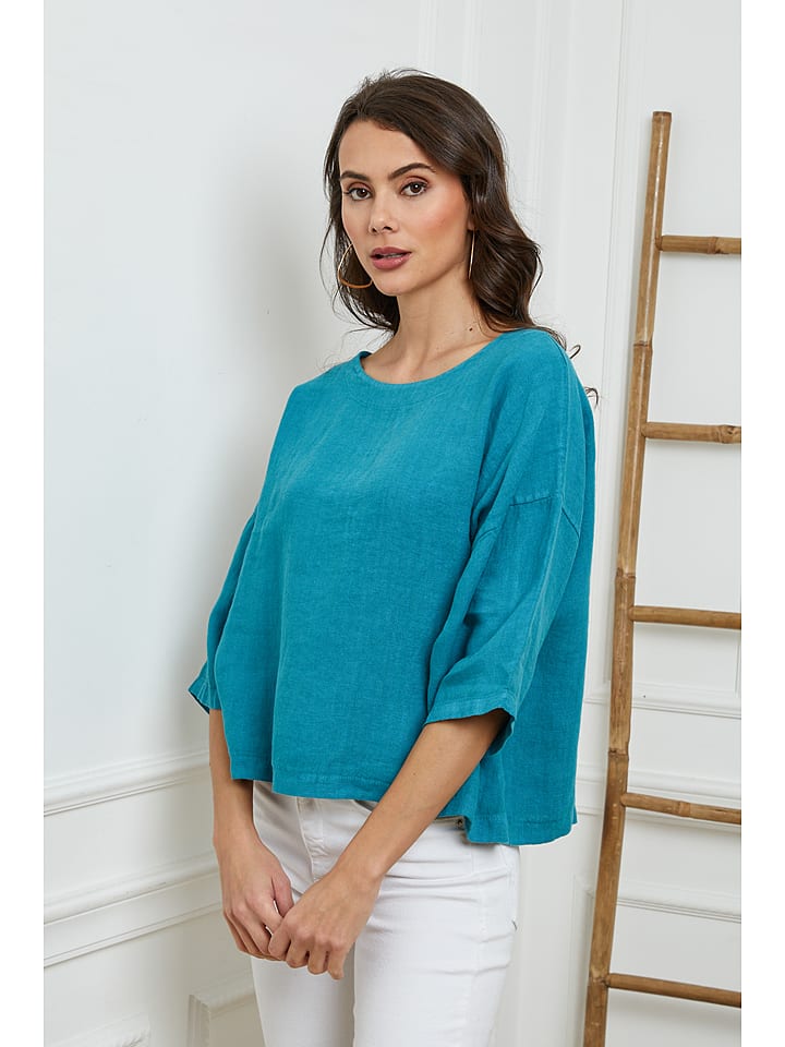 Fleur de Lin Lniana bluzka "Georginia" w kolorze turkusowym rozmiar: L