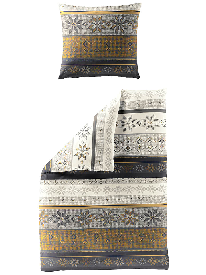 Bierbaum Komplet pościeli flanelowej w kolorze żółto-szarym rozmiar: 135x200 cm