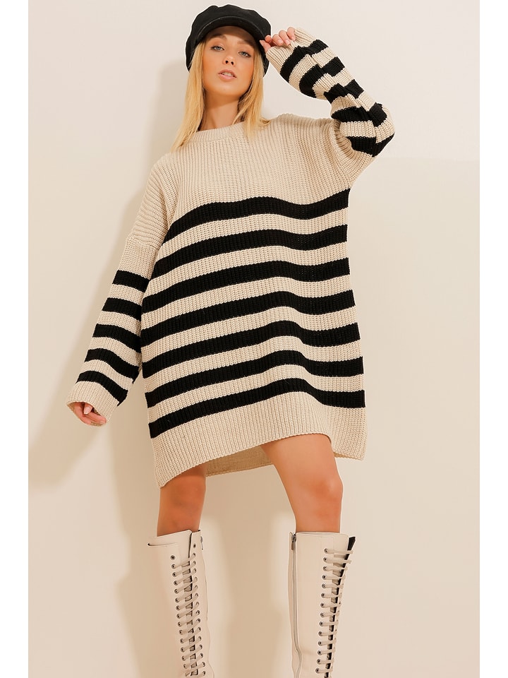 Trend Alacati Sukienka dzianinowa w kolorze beżowo-czarnym rozmiar: onesize