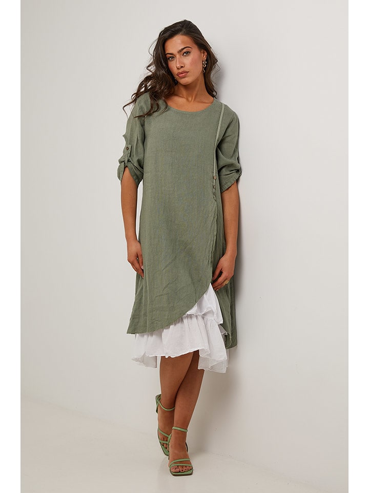 Le Monde du Lin Lniana sukienka w kolorze oliwkowo-białym rozmiar: 34/36