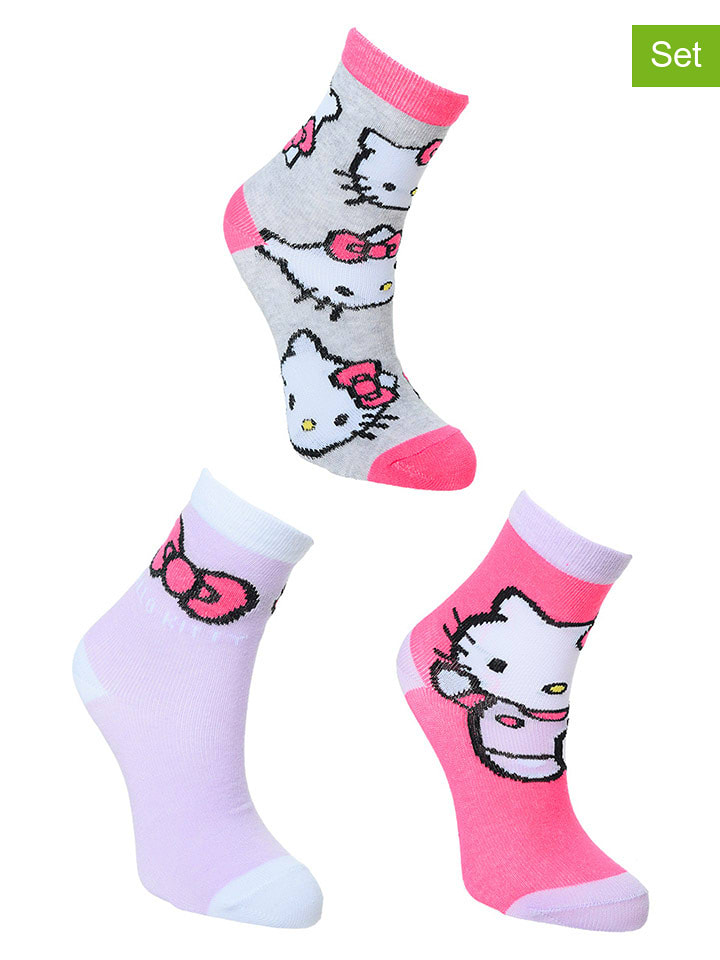 Hello Kitty Skarpety (3 pary) "Hello Kitty" w kolorze różowo-fioletowo-szarym rozmiar: 27-30