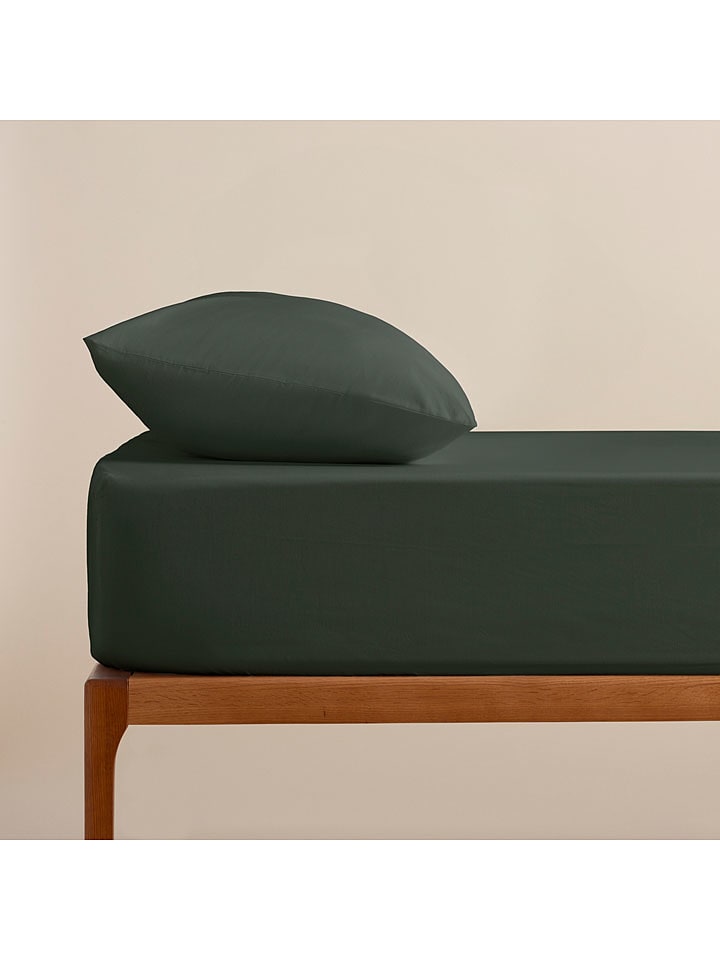 Pierre Cardin Perkalowe prześcieradło w kolorze ciemnozielonym na gumce rozmiar: 135x200 cm