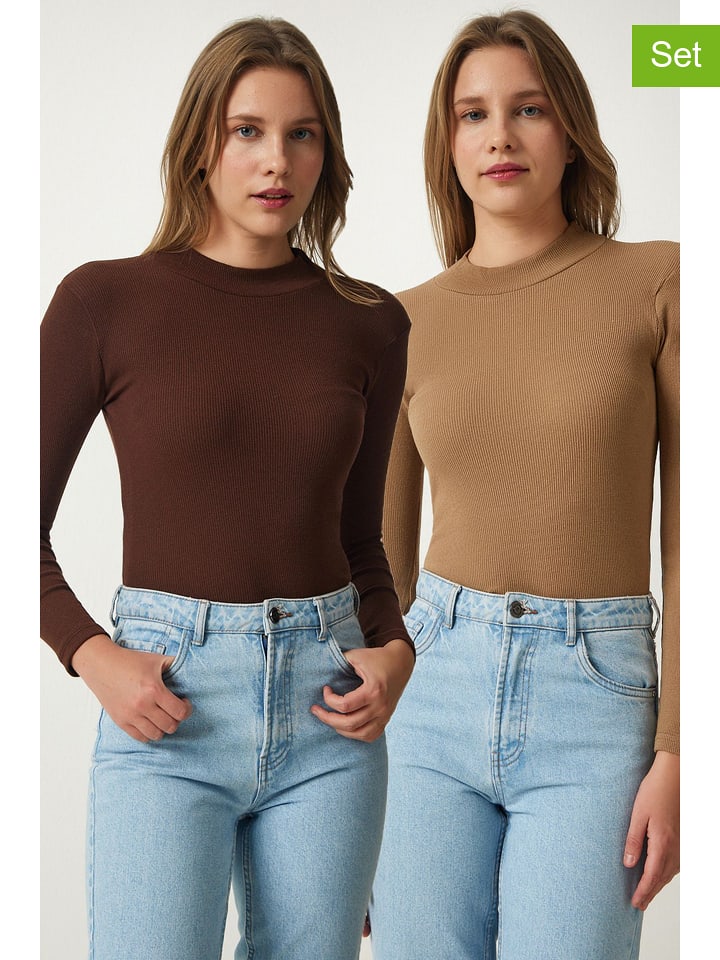 Happiness Istanbul Koszulki (2 szt.) w kolorze brązowym i jasnobrązowym rozmiar: S/M