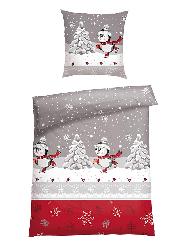 Schiesser Komplet pościeli flanelowej "Telso" w kolorze szaro-czerwonym rozmiar: 135x200 cm