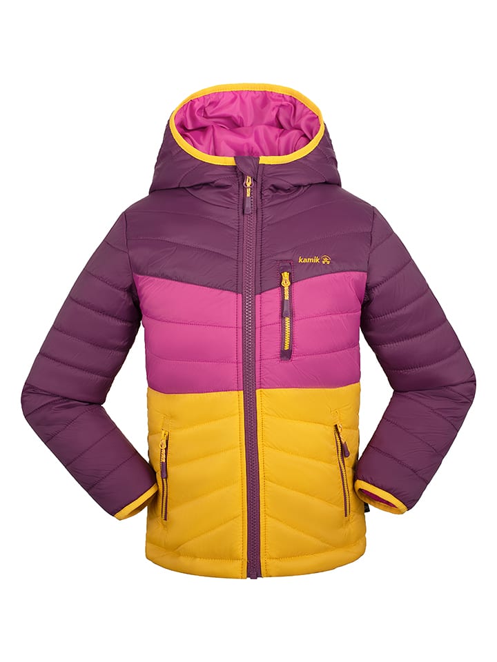 Kamik Całoroczna kurtka pikowana "Harley" w kolorze różowo-fioletowo-musztardowym rozmiar: 110