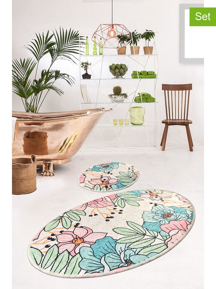 Colourful Cotton Dywaniki łazienkowe (2 szt.) "Spring" w kolorze kremowym ze wzorem rozmiar: onesize