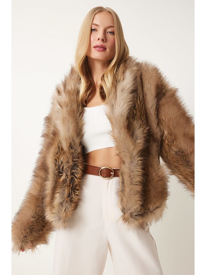 Happiness Istanbul Kurtka w kolorze jasnobrązowym ze sztucznego futra rozmiar: onesize
