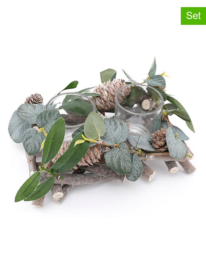 SiL Interiors Świeczniki (2 szt.) w kolorze zielono-jasnobrązowym - 20 x 8 x 14 cm rozmiar: onesize