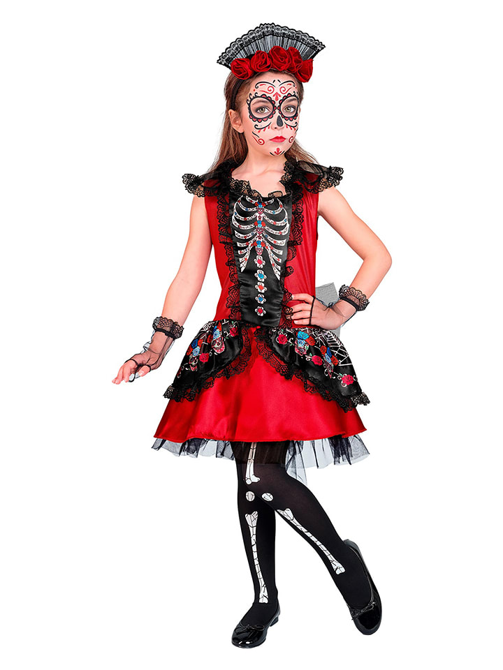 Carnival Party 3-częściowy kostium "Mujer dia de los Muertos" w kolorze czerwono-czarnym rozmiar: 140