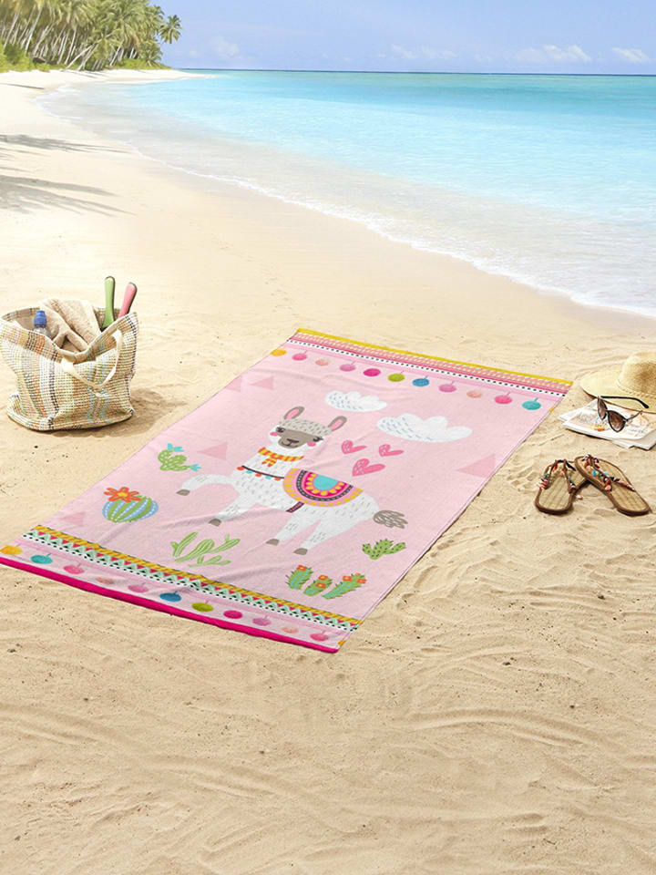 Good Morning Ręcznik plażowy "Lama" w kolorze jasnoróżowym rozmiar: 75x150 cm