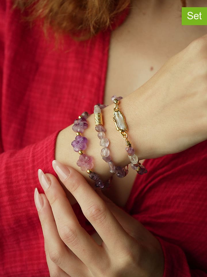 Pierres delicates Pozłacane bransoletki (3 szt.) z ametystami rozmiar: onesize