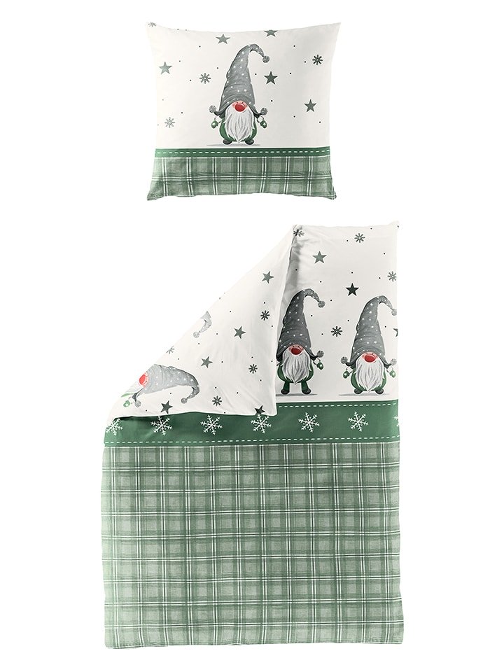 Bierbaum Komplet pościeli flanelowej w kolorze zielono-białym rozmiar: 155x220 cm