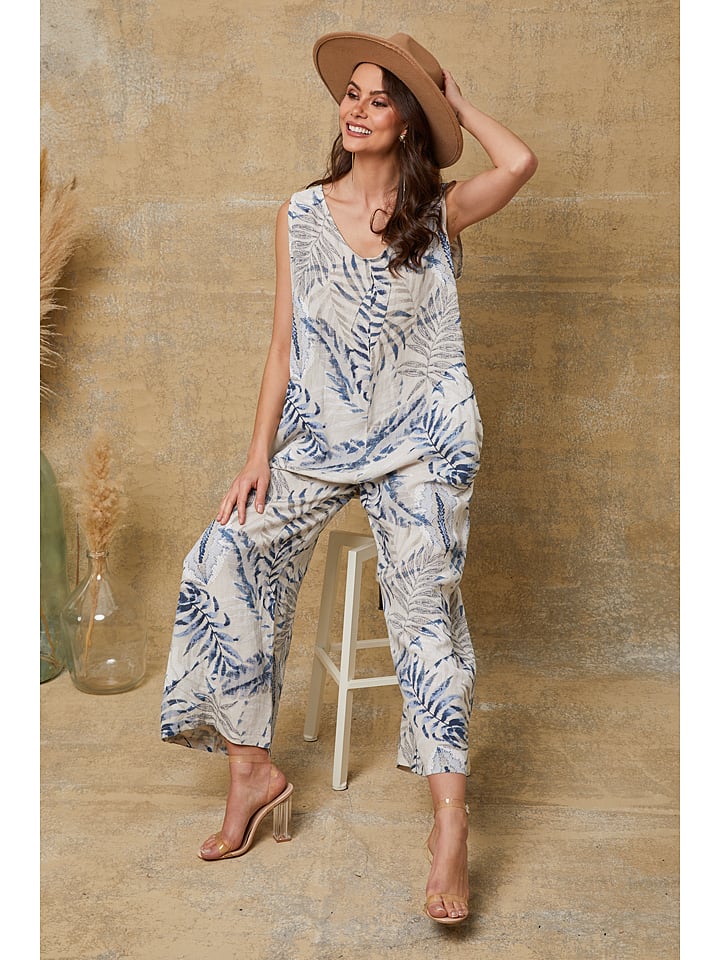 Joséfine Lniany kombinezon "Magda" w kolorze beżowo-granatowym rozmiar: XL