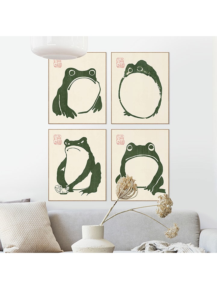 Orangewallz Druki artystyczne (4 szt.) "Japanese Frog" w ramce rozmiar: 40x50 cm