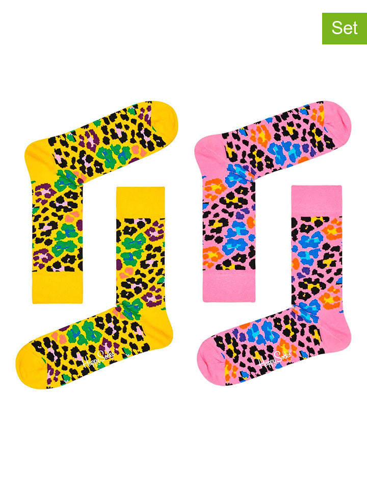 Happy Socks Skarpety (2 pary) "Leopard" w kolorze jasnoróżowo-żółtym rozmiar: 41-46