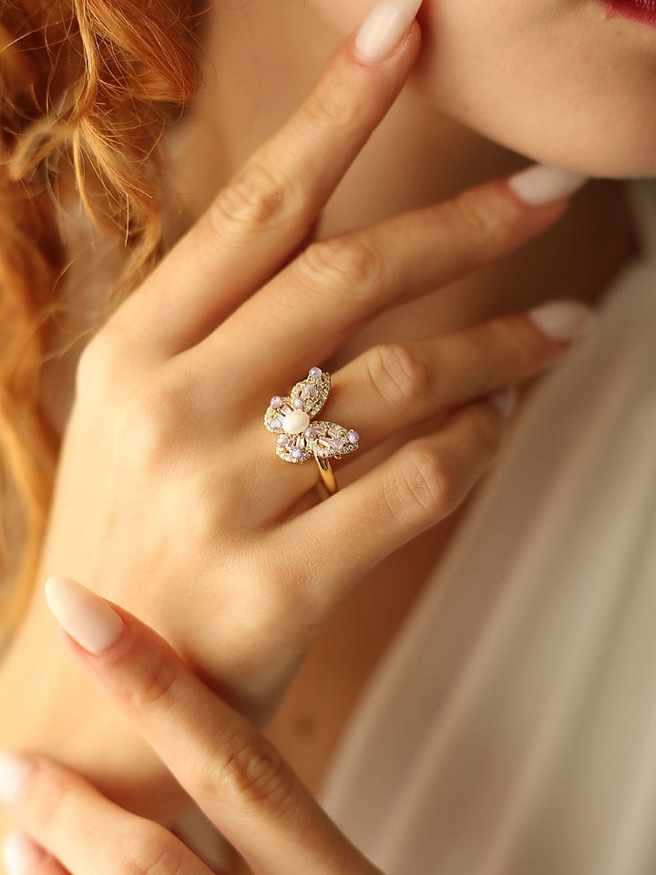 Pierres delicates Pozłacany pierścionek z perłą i kamieniami szlachetnymi rozmiar: onesize