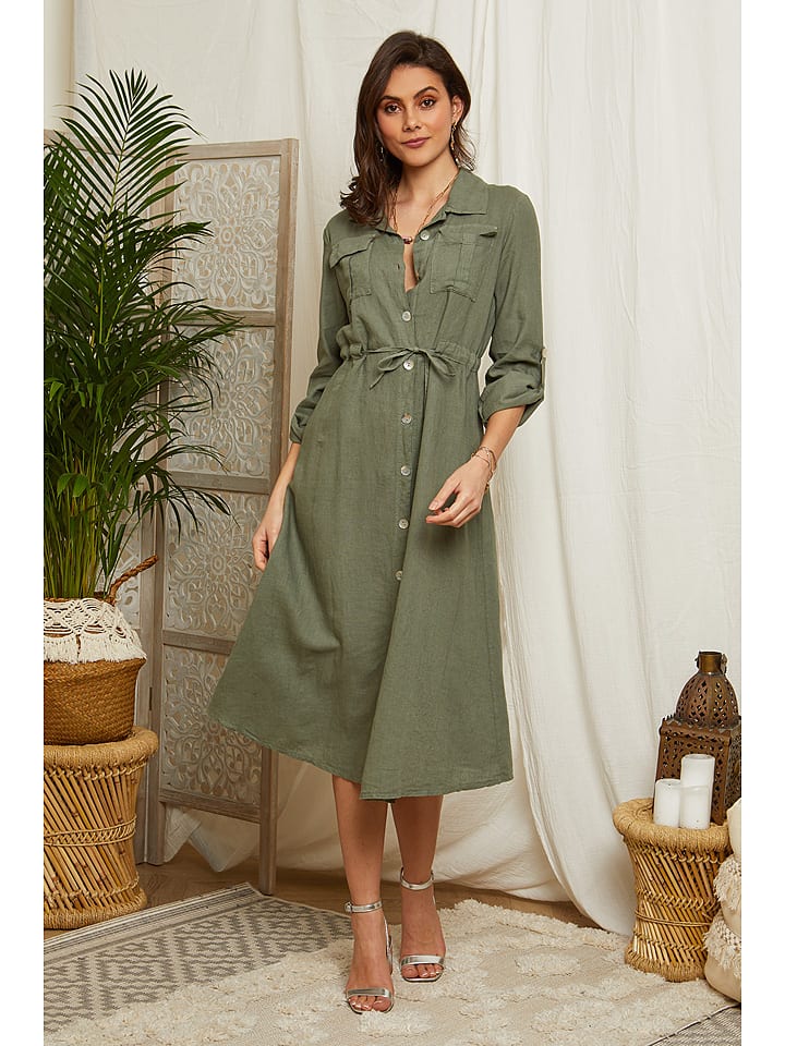 Lin Passion Lniana sukienka w kolorze khaki rozmiar: 40/42