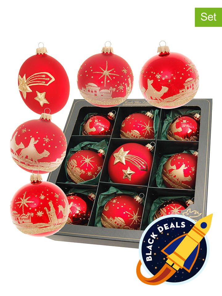 Krebs Glas Lauscha Bombki (9 szt.) w kolorze czerwono-złotym - Ø 8 cm rozmiar: onesize