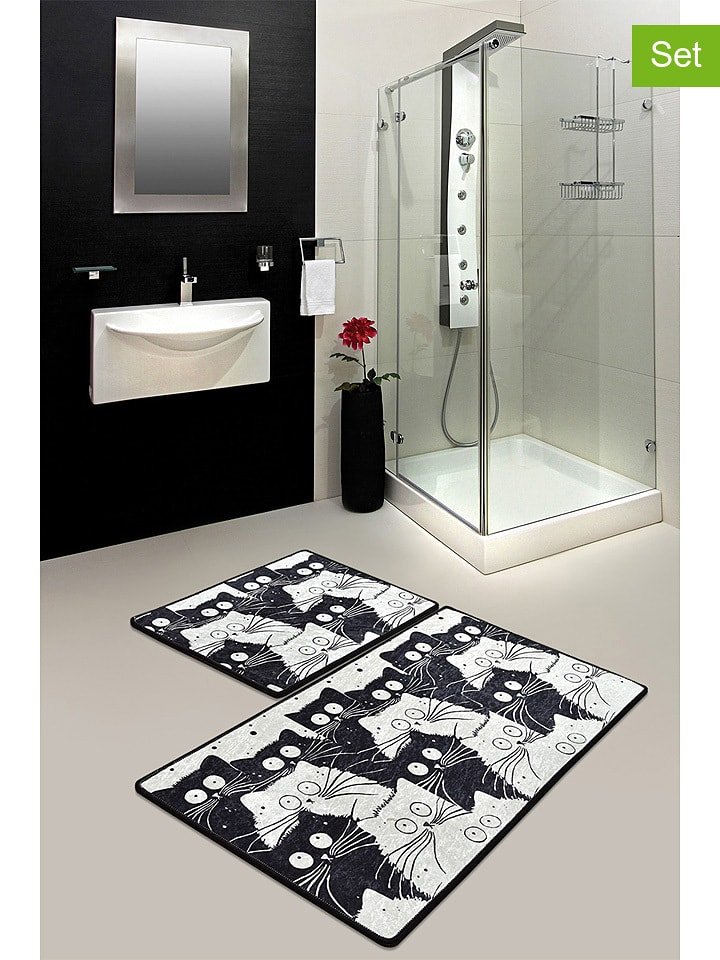 Colourful Cotton Dywaniki łazienkowe (2 szt.) "White Cats" w kolorze czarno-białym rozmiar: onesize