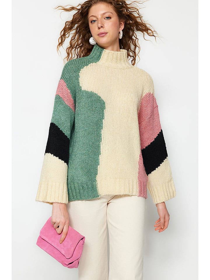 trendyol Sweter w kolorze beżowo-zielono-jasnoróżowym rozmiar: L