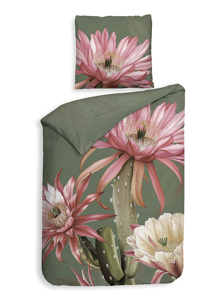 Heckett Lane Komplet pościeli satynowej "Mesa" w kolorze oliwkowo-jasnoróżowym rozmiar: 200x220 cm