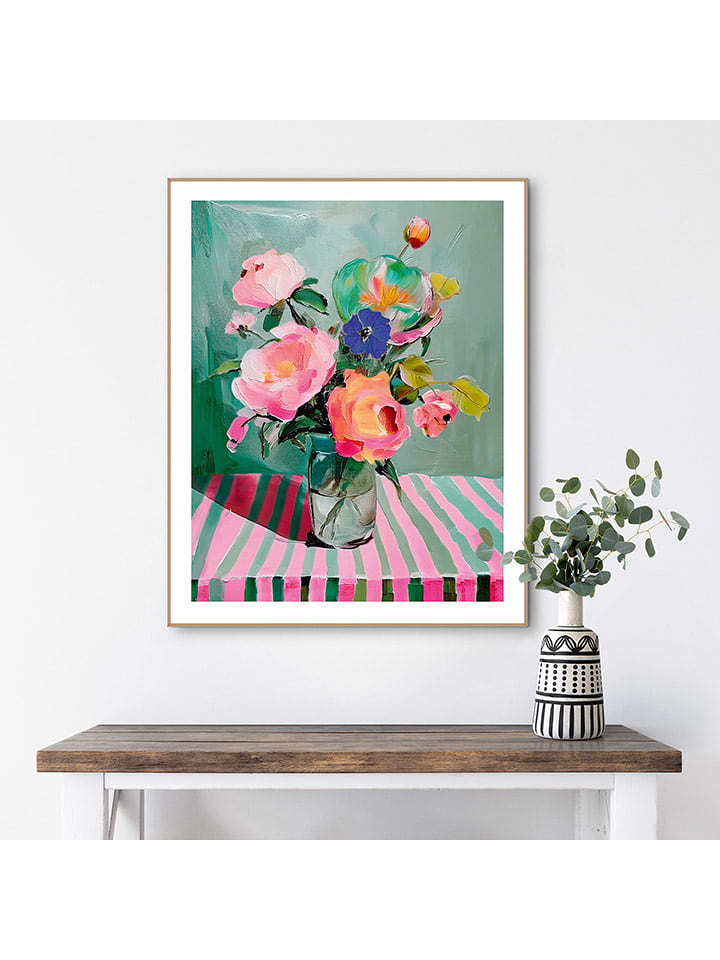 Orangewallz Druk artystyczny "Flower Stripes Pink Green" w ramce rozmiar: 40x50 cm