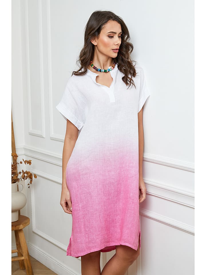 Fleur de Lin Lniana sukienka w kolorze biało-jasnoróżowym rozmiar: M