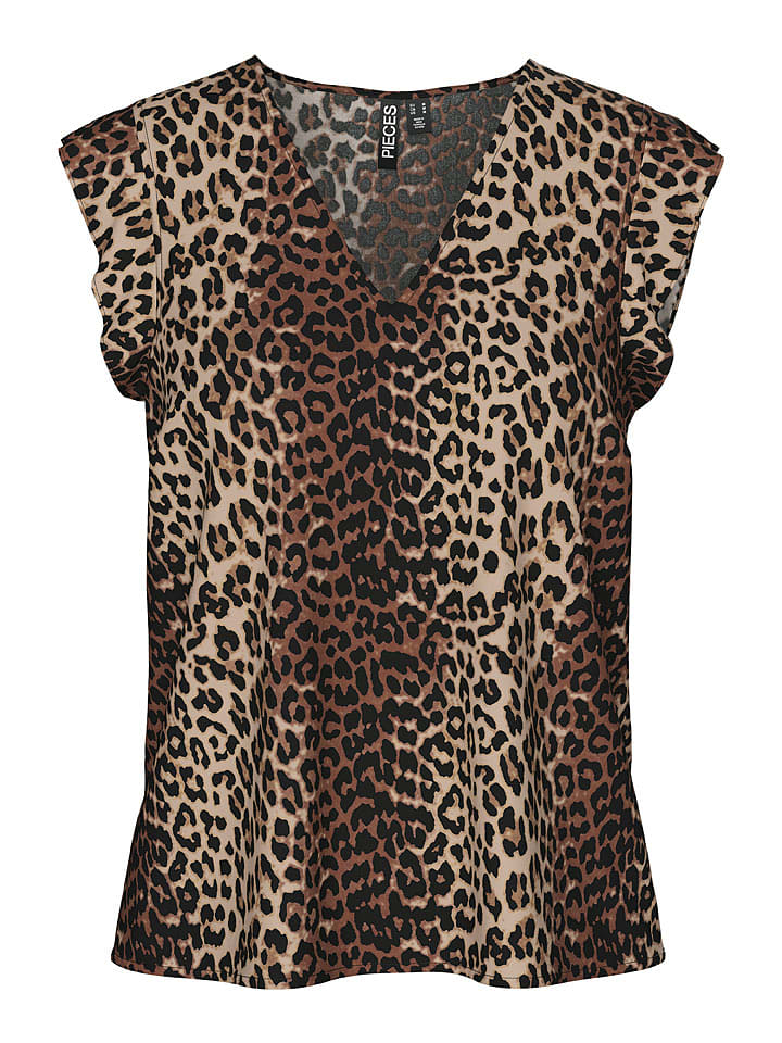 Pieces Koszulka "Nya" w kolorze brązowo-beżowym rozmiar: M