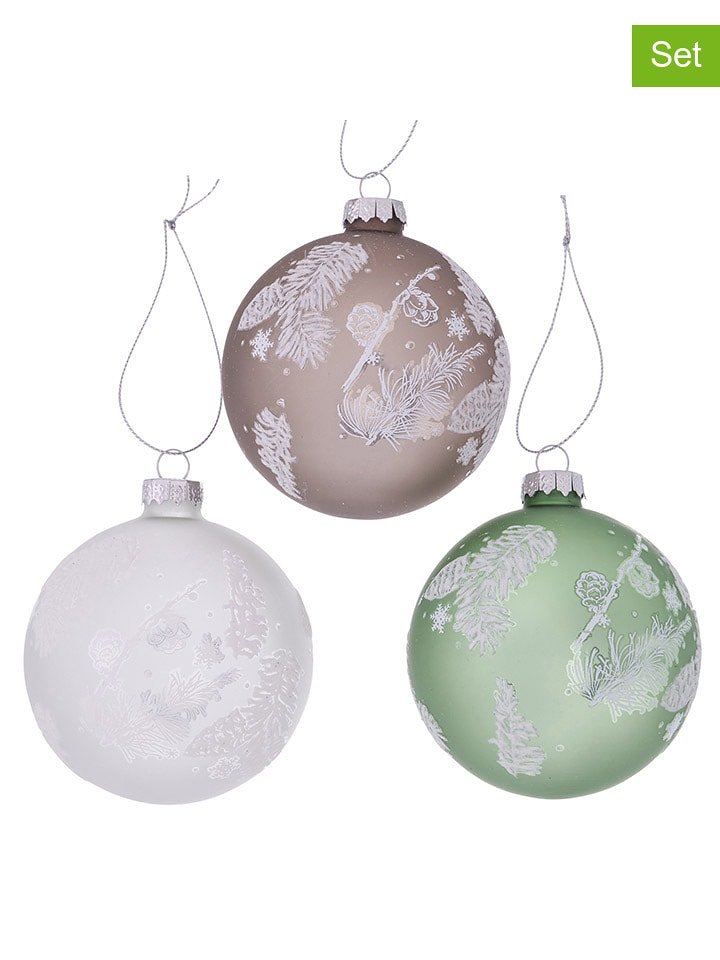 Boltze Bombki (3 szt.) "Venla" w kolorze brązowo-zielono-białym - Ø 8 cm rozmiar: onesize