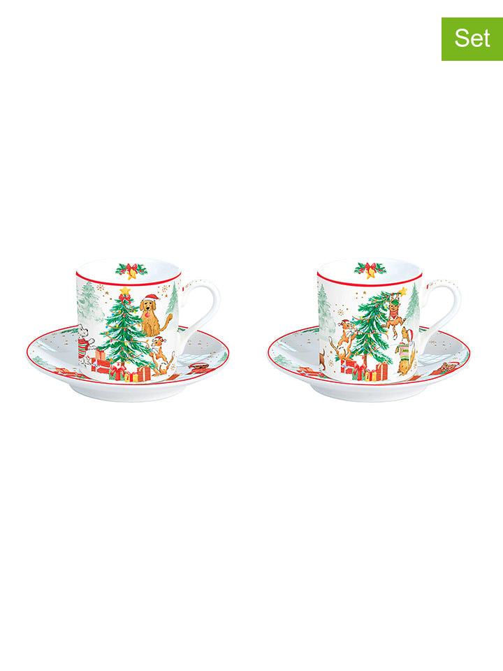 Easy Life Filiżanki (2 szt.) "Christmas Gang" w kolorze biało-zielonym - 75 ml rozmiar: onesize