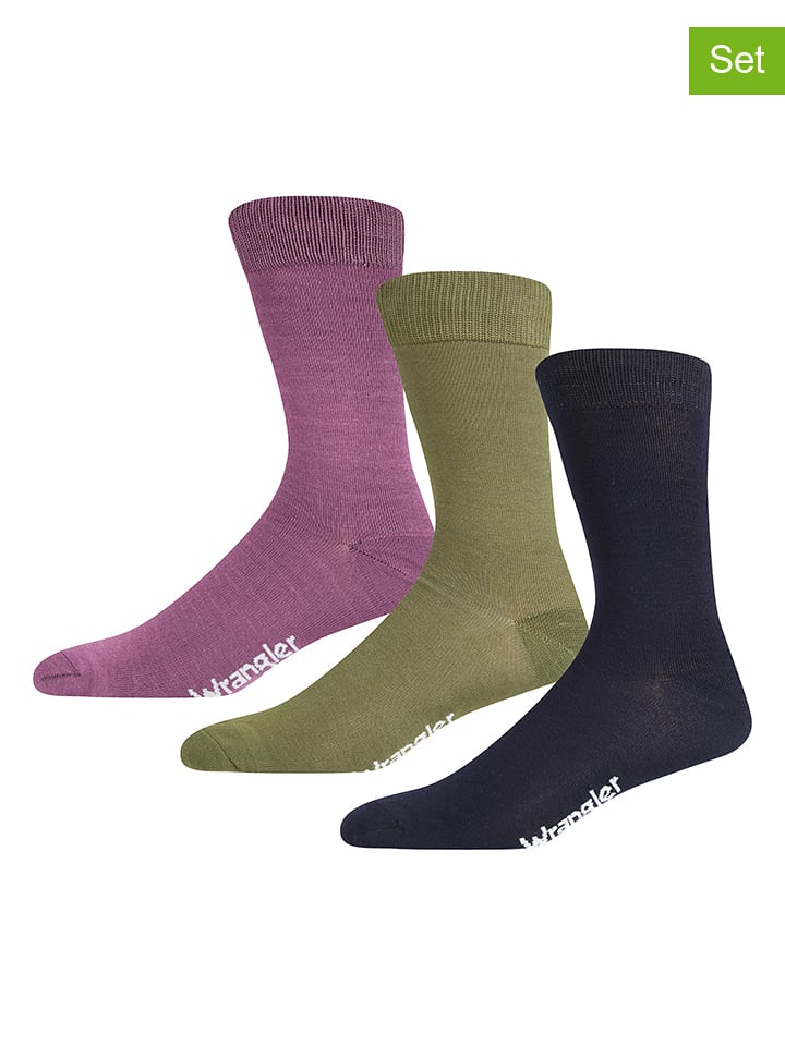 Wrangler Skarpety (3 pary) "Cheyne" w kolorze czarnym, oliwkowym i fioletowym rozmiar: 38-42