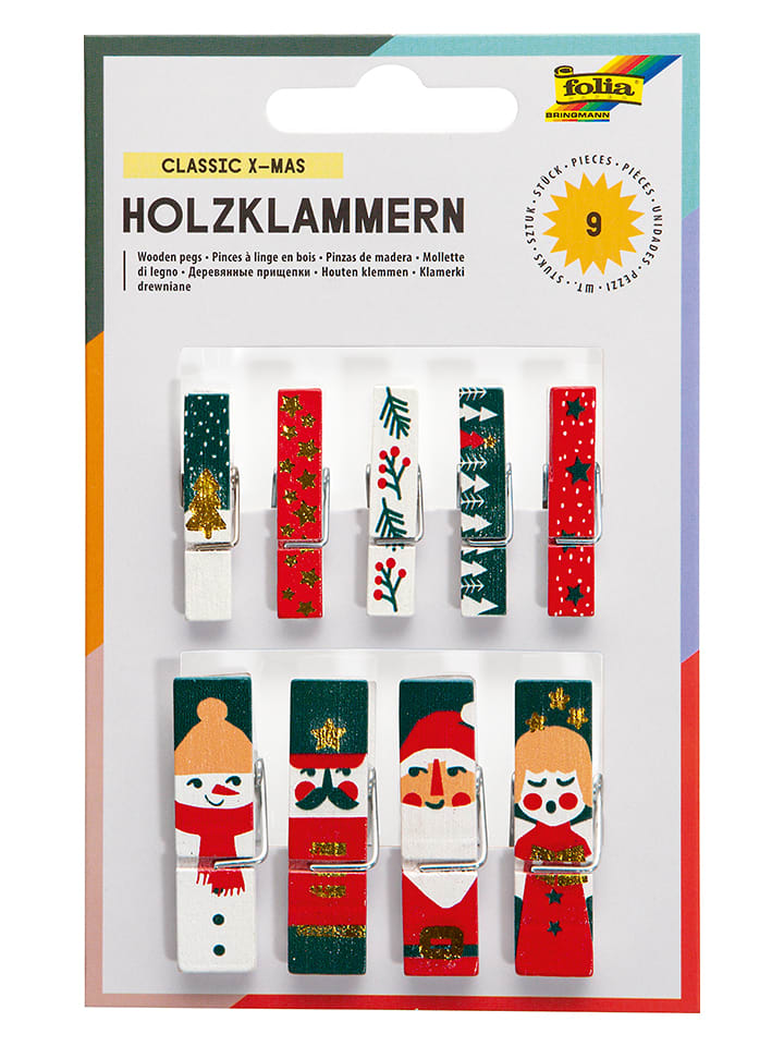 folia PAPER Klamerki drewniane (9 szt.) w kolorze zielonym, czerownym i białym rozmiar: onesize