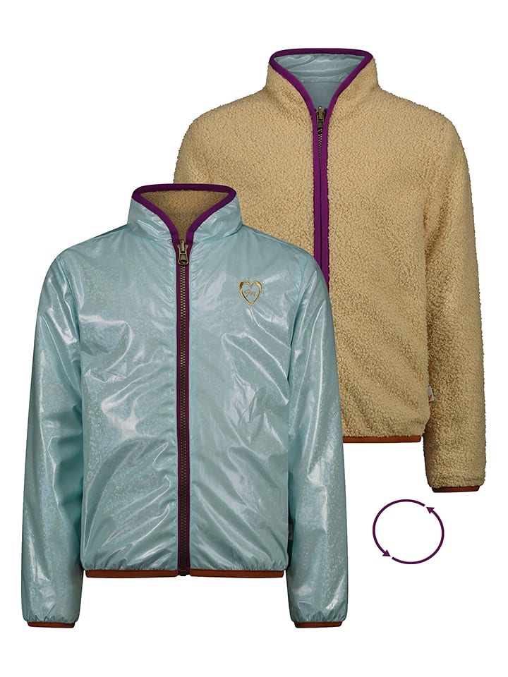 Moodstreet Dwustronna kurtka polarowa w kolorze jasnobrązowo-turkusowym rozmiar: 134/140