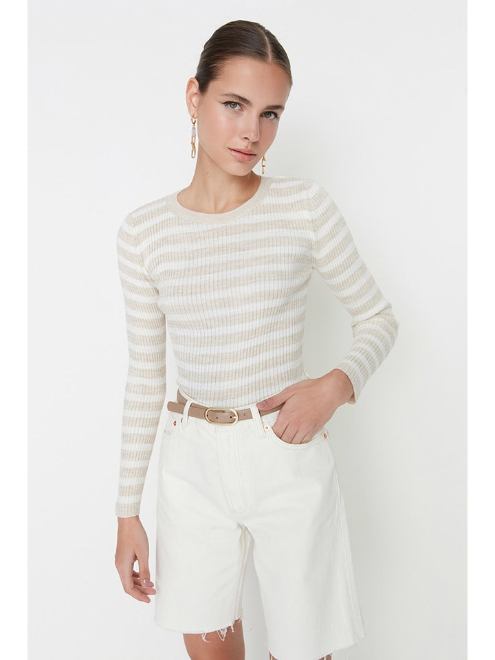 trendyol Koszulka w kolorze beżowo-białym rozmiar: L