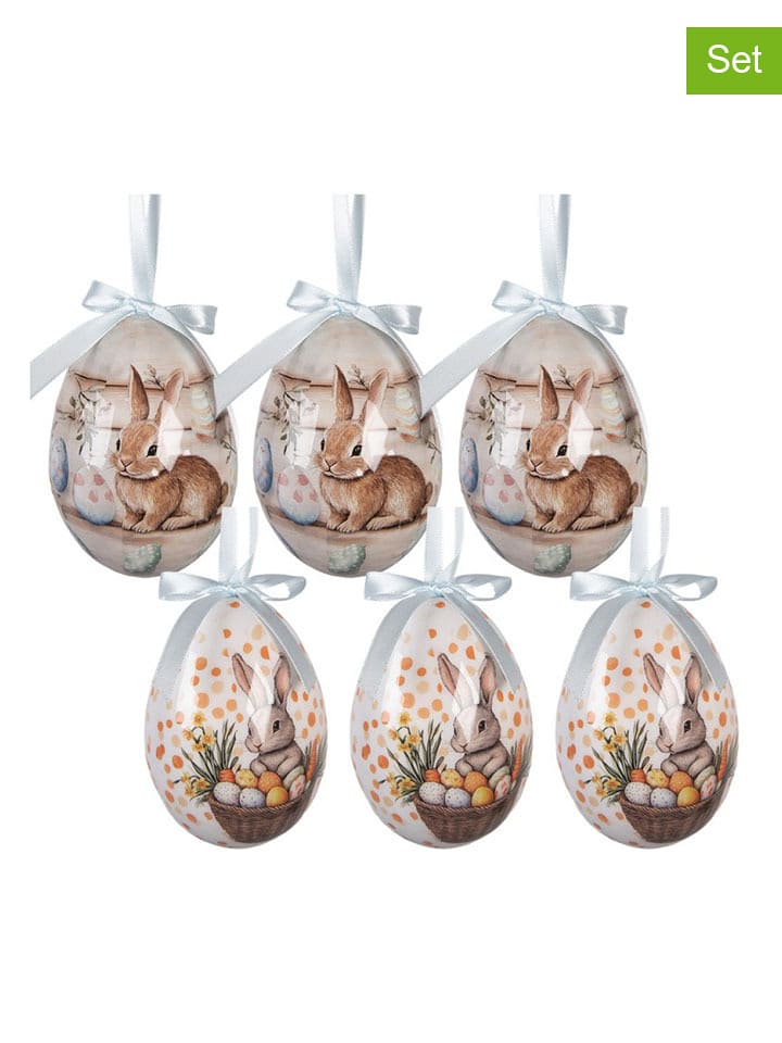 Clayre & Eef Zawieszki dekoracyjne (6 szt.) "Egg" w kolorze beżowo-białym - Ø 7 cm rozmiar: onesize