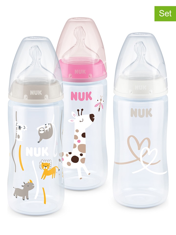 NUK Butelki (3 szt.) "First Choice+" w kolorze szaro-różowym - 3x 300 ml, roz. 1 rozmiar: onesize