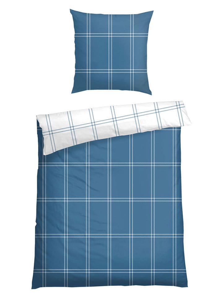 Schiesser Komplet pościeli flanelowej "Ellis" w kolorze niebiesko-białym rozmiar: 155x220 cm