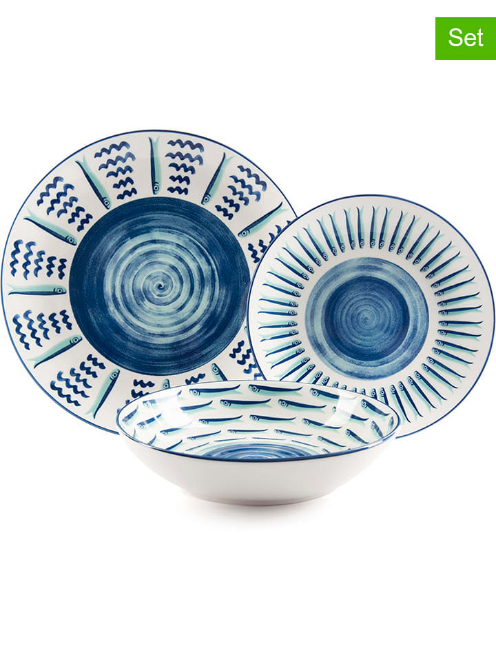 Trendy Kitchen by EXCÉLSA 18-częściowy zestaw talerzy "Mediterraneo" w kolorze biało-niebieskim rozmiar: onesize