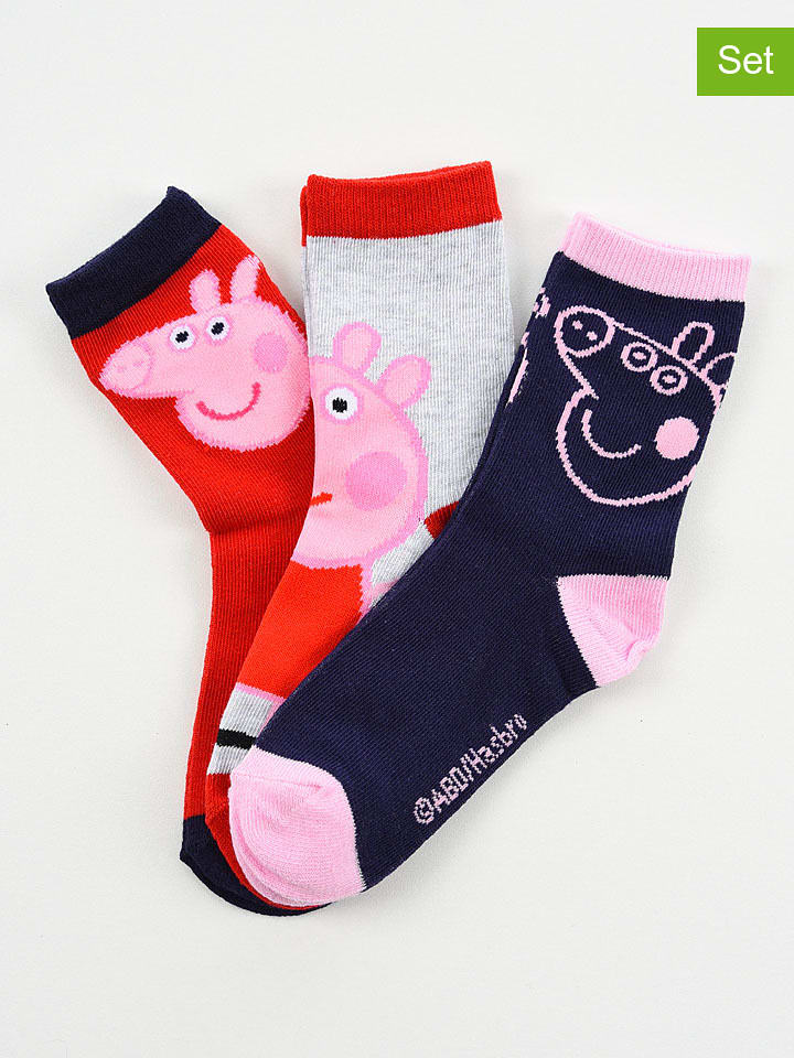 Peppa Pig Skarpety (3 pary) "Świnka Peppa" w kolorze granatowo-jasnoszaro-czerwonym rozmiar: 31-34