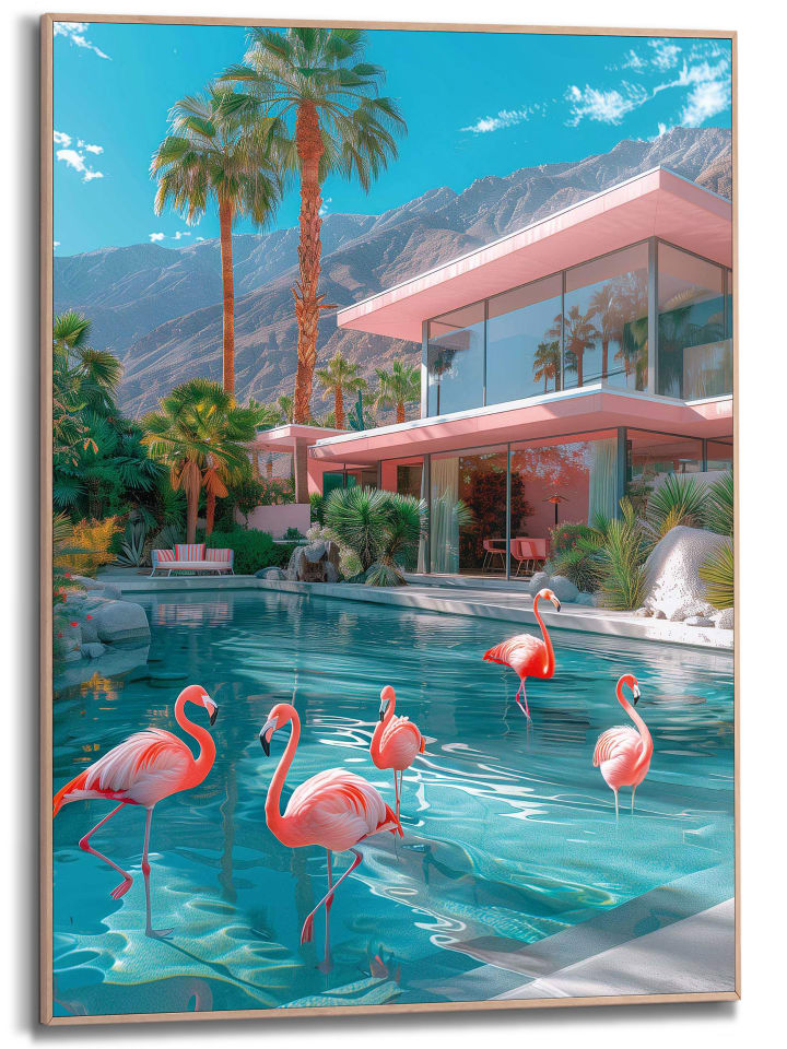 Orangewallz Druk artystyczny "Flamingo Pool Party" w ramce rozmiar: 50x70 cm