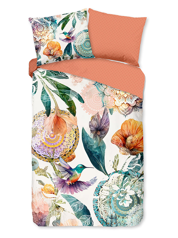 Hip Komplet pościeli satynowej "Bernice" w kolorze biało-zielono-pomarańczowym rozmiar: 140x200 cm