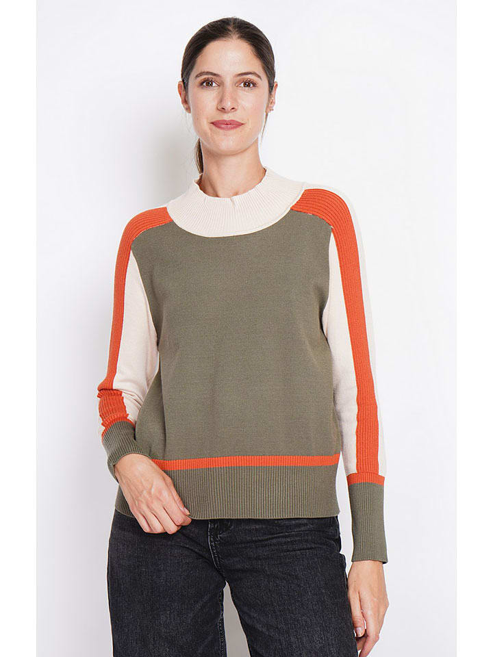ASSUILI Sweter w kolorze oliwkowo-biało-pomarańczowym rozmiar: 34