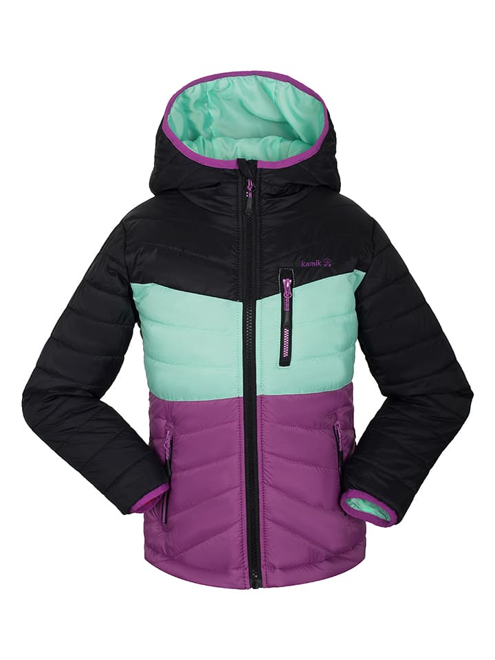 Kamik Całoroczna kurtka pikowana "Harley" w kolorze czarno-turkusowo-fioletowym rozmiar: 116